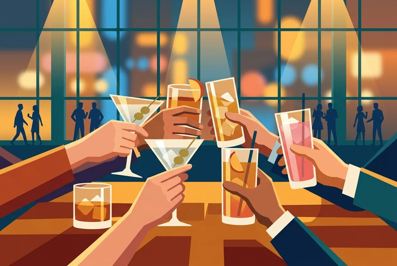 Illustrazione di un tavolo con brindisi in un locale di Bucarest, con luci calde e la città sullo sfondo