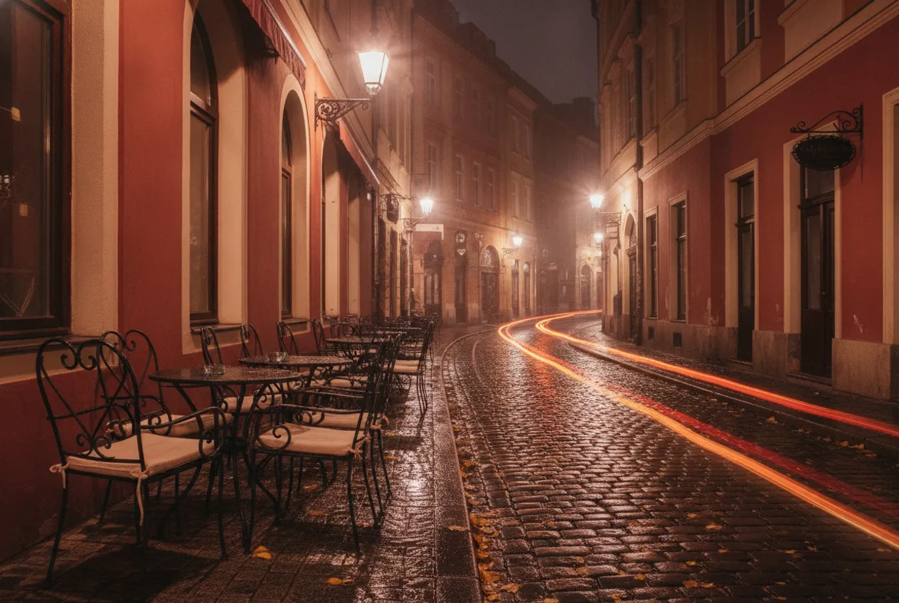 Una via del centro storico di Bucarest dopo la pioggia: ciottoli bagnati che riflettono le luci calde dei locali, tavolini vuoti e lanterne.