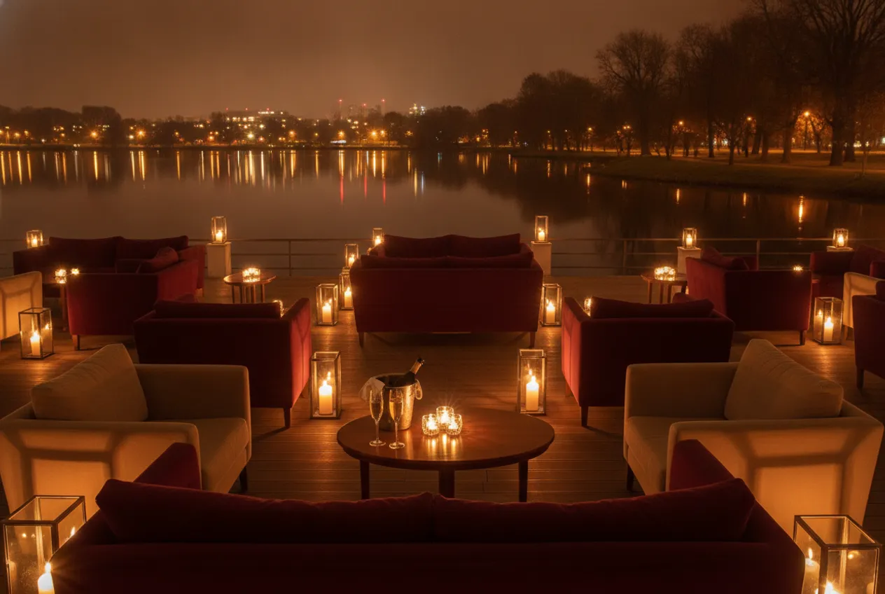 Una terrazza lounge sul lago Herăstrău di notte: divani di velluto, candele e due flûte di champagne, con le luci riflesse sull'acqua.