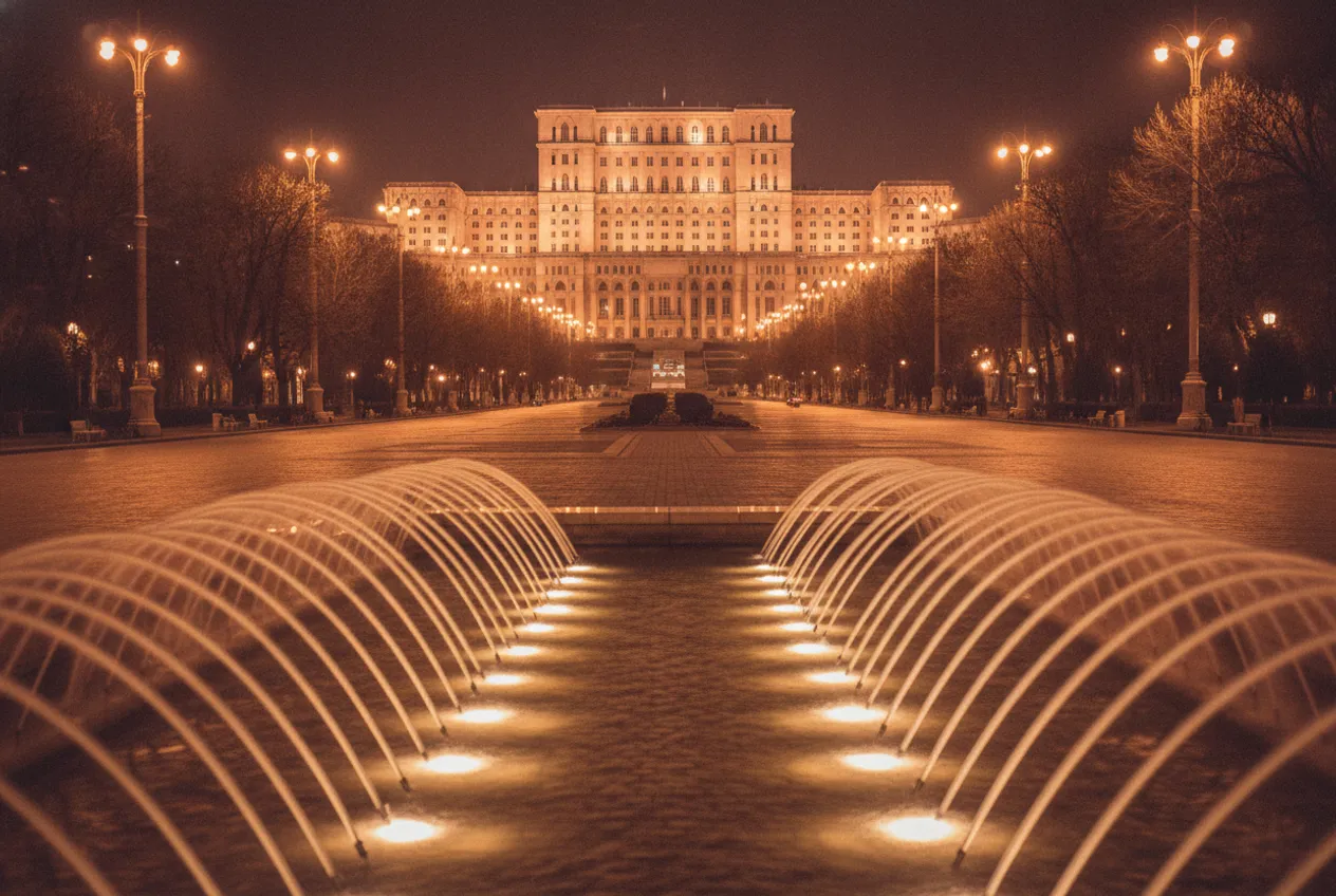 Piața Unirii di notte: le fontane illuminate in primo piano e, in fondo al viale, il Palazzo del Parlamento acceso.