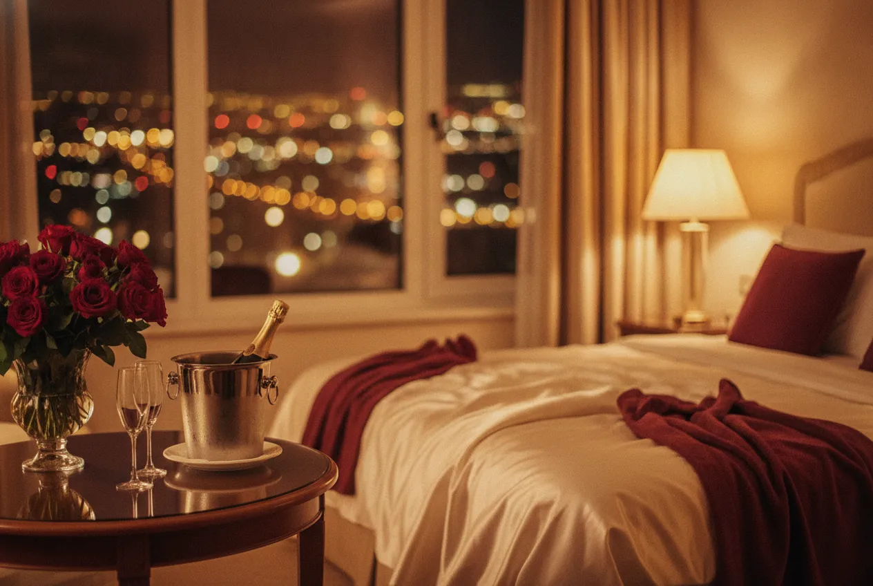 Una camera d'albergo elegante di sera: luce calda, champagne nel secchiello, due calici e un mazzo di rose rosse.