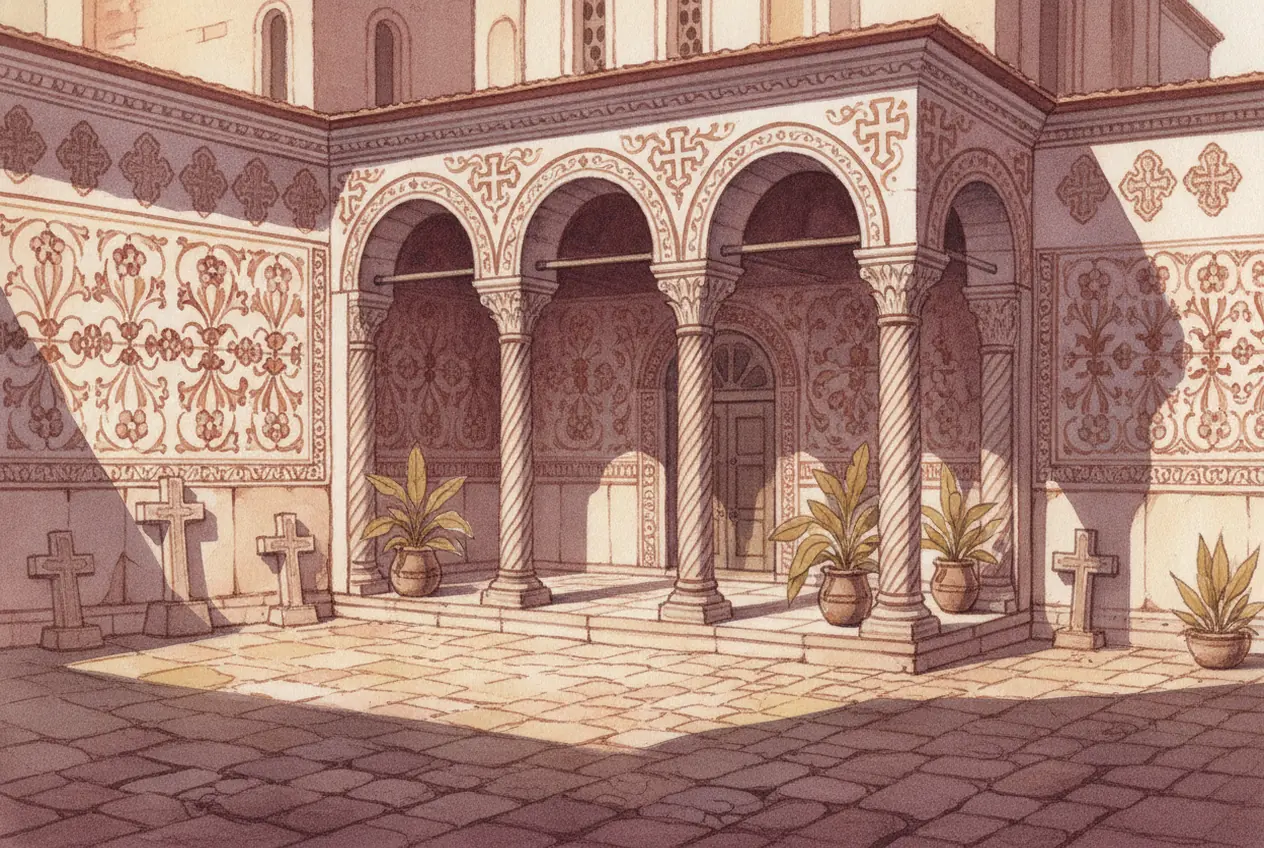 Il cortile di una piccola chiesa ortodossa del centro storico di Bucarest, con il portico ad archi e le pareti decorate, al mattino