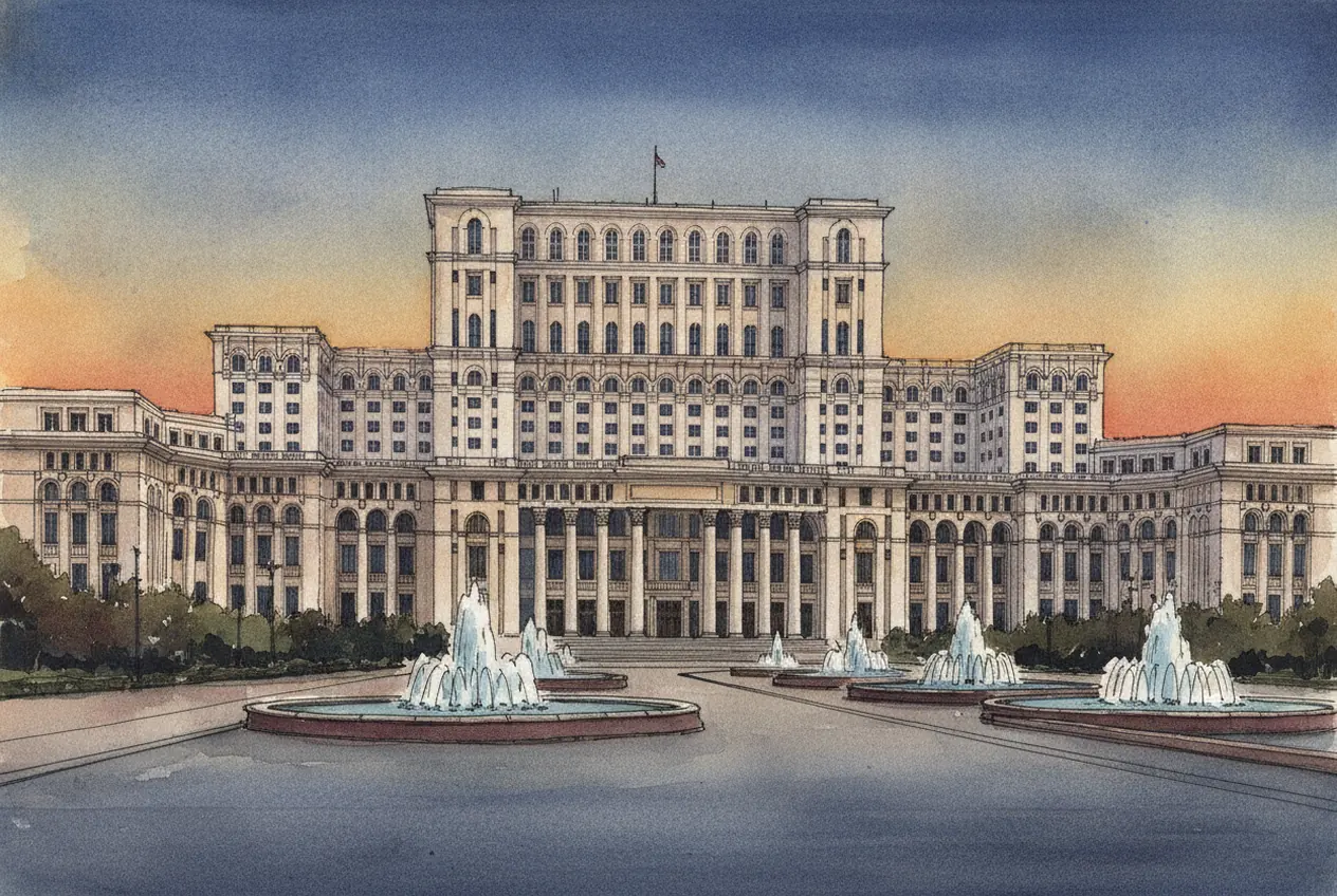 Il Palazzo del Parlamento di Bucarest al tramonto, visto dal viale con le fontane
