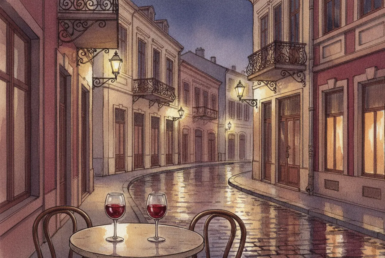 Due bicchieri di vino rosso su un tavolino all'aperto in una via del centro storico di Bucarest bagnata dalla pioggia, la sera