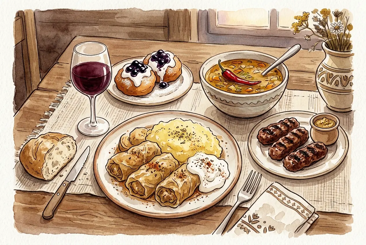 Acquerello di una tavola romena: sarmale con polenta e panna acida, mici con senape, una ciorbă con peperoncino, papanași con panna e marmellata, pane e vino rosso.