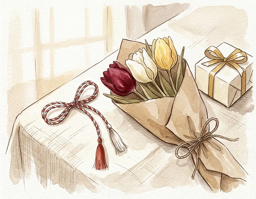 Acquerello: un mărțișor con il filo bianco e rosso, un mazzo di tre tulipani e un piccolo regalo su una tovaglia di lino.